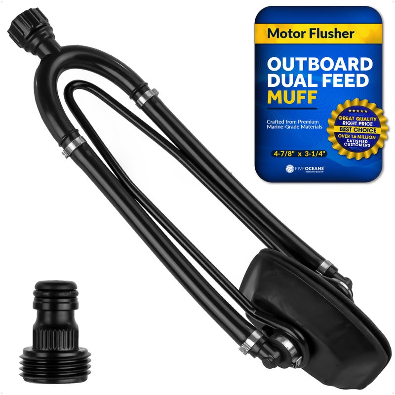 Five Oceans Outboard Motor Muffs, Dual Feed Muff Boat Motor Flusher, Black PVC Marine Grade Rectangular Muffs, Coated Steel Bracket, Includes Garden Hose Connector and Quick Connect Adapter - FO4241 - Image 1